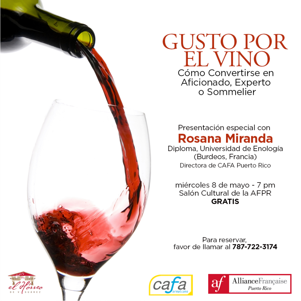 Gusto por el Vino Con Rosana Miranda, directora de CAFA Puerto Rico. Es la primera puertorriqueña Sommelier que posee, entre otras certificaciones, Diploma de la Universidad de Enología (Burdeos, Francia); Diploma de Sommelier (Burdeos, Francia); y es Miembro de la Union de la Sommellerie Française (U.D.S.F.).